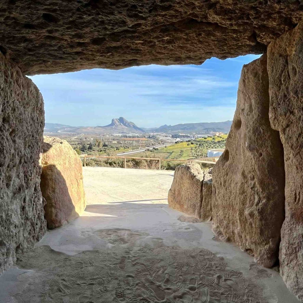 Dolmen of Menga in Antequera showing how it lines up with the Peña de los Enamorados